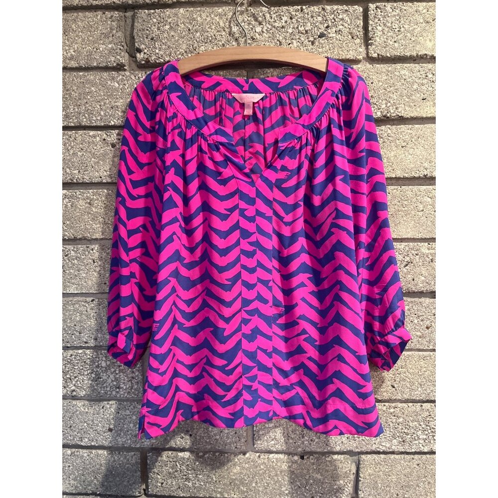 Lilly Pulitzer Pink & Blue Zebra Print Long Sleeve Blouse Size S
